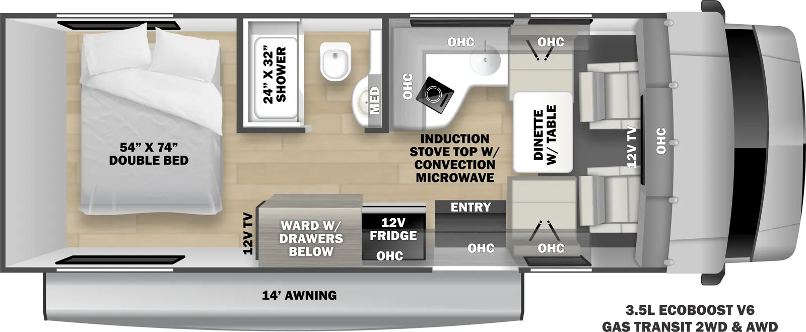 The TS2380 has no slide outs. Exterior features include a 14 ft. awning and it is built on the 3.5L Eco-Boost V6 Gas Transit chassis (2WD & AWD available). Interior layout from front to back includes a: cab over overhead cabinet and 12V TV; opposing side chairs with dinette table; off-door side kitchen with L-shaped countertop and cabinets, induction stove top with convection microwave, and sink; 12V refrigerator to the left of the entry door; off-door side bathroom with 24 x 32 shower, toilet, sink and medicine cabinet; wardrobe with drawers across from bathroom; rear bedroom with 54 x 74 double bed and 12V TV.